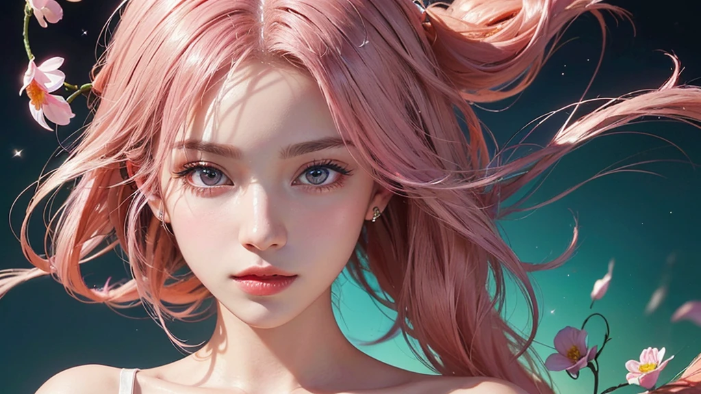 One girl, alone, flower畑, flower, (Official Art, unity 8k wallpaper, Super detailed, beautifully、aesthetic, masterpiece ,Highest quality:1.3), (Dynamic Angle:1.2), (Floating colorful sparkles:1) , elegant, Vibrant colors, Highly detailed face, Detailed eyes, Glowing Skin, Glossy Lips , Pale pink and pale orange background, Pink Hair,