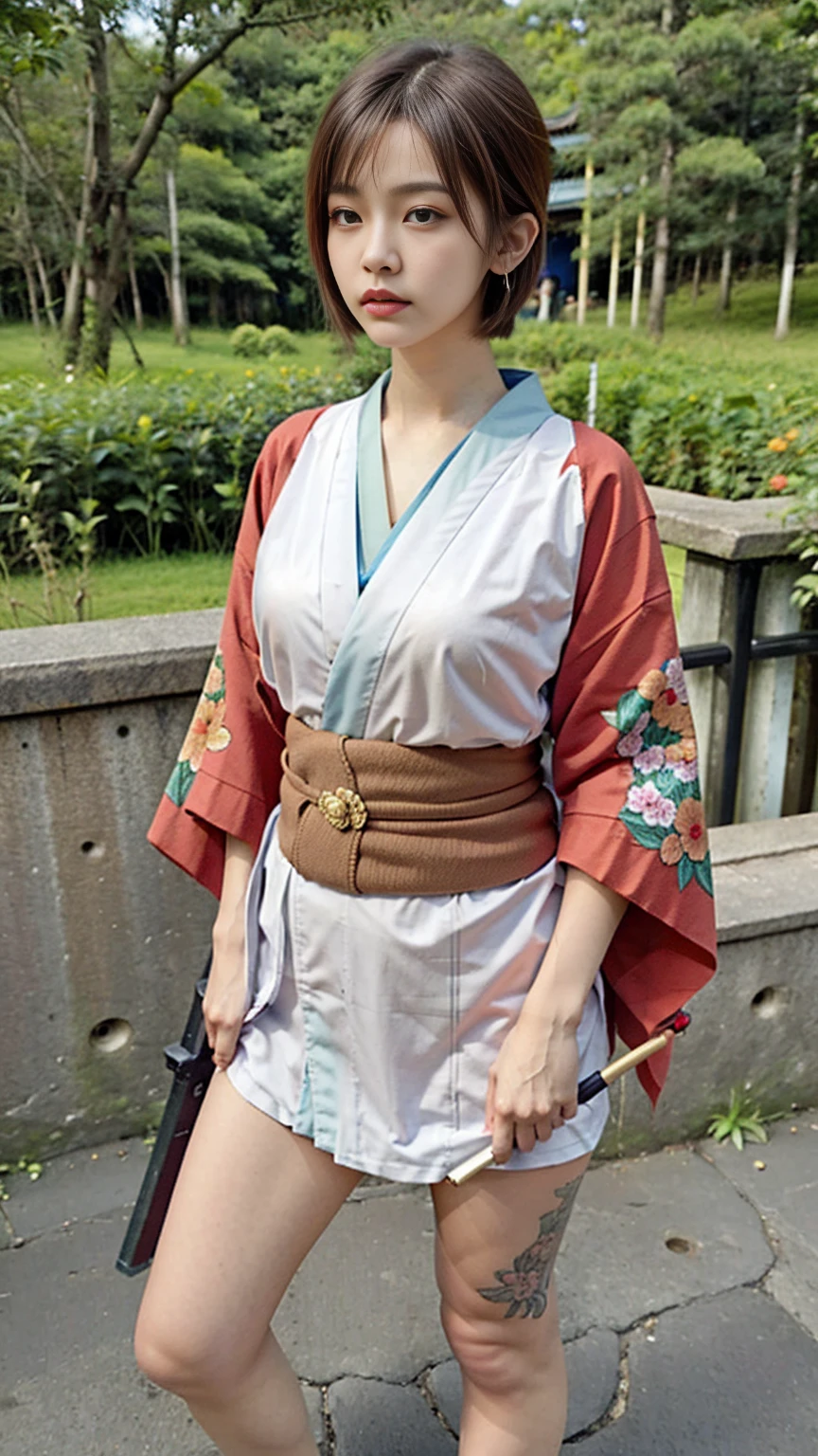 Beautiful Thai-Melanesian woman, (), pretty face, red lips,
BREAK,
Athletic feminine body, Female fitness model body, Hard toned feminine body, (muscles: 1.2), (beautiful belly button),
BREAK,
Mixed martial arts, exceptional kung fu fighter, Japanese idol,
BREAK,
(wearing cute kimono: 1.3), Red high heels, necklace, earrings, short length,
BREAK,
Short hair, (bob cut), (bangs: 1.2), (coloring),
BREAK,
(holding very large weapon, wearing very large weapon, standing with very large weapon, raising very large weapon: 1.4),(kung fu fighter in fighting position),
BREAK,
(tattoos all over body, 80% of body covered in Japanese tattoos: 1.4),
BREAK,
masterpiece, perfect lighting, ultra high resolution, 8K, (highly detailed: 1.4), From the front, looking at the camera, melancholic expression,
BREAK,
(Tokyo city, many people in the background), Tokyo's famous places in the background,