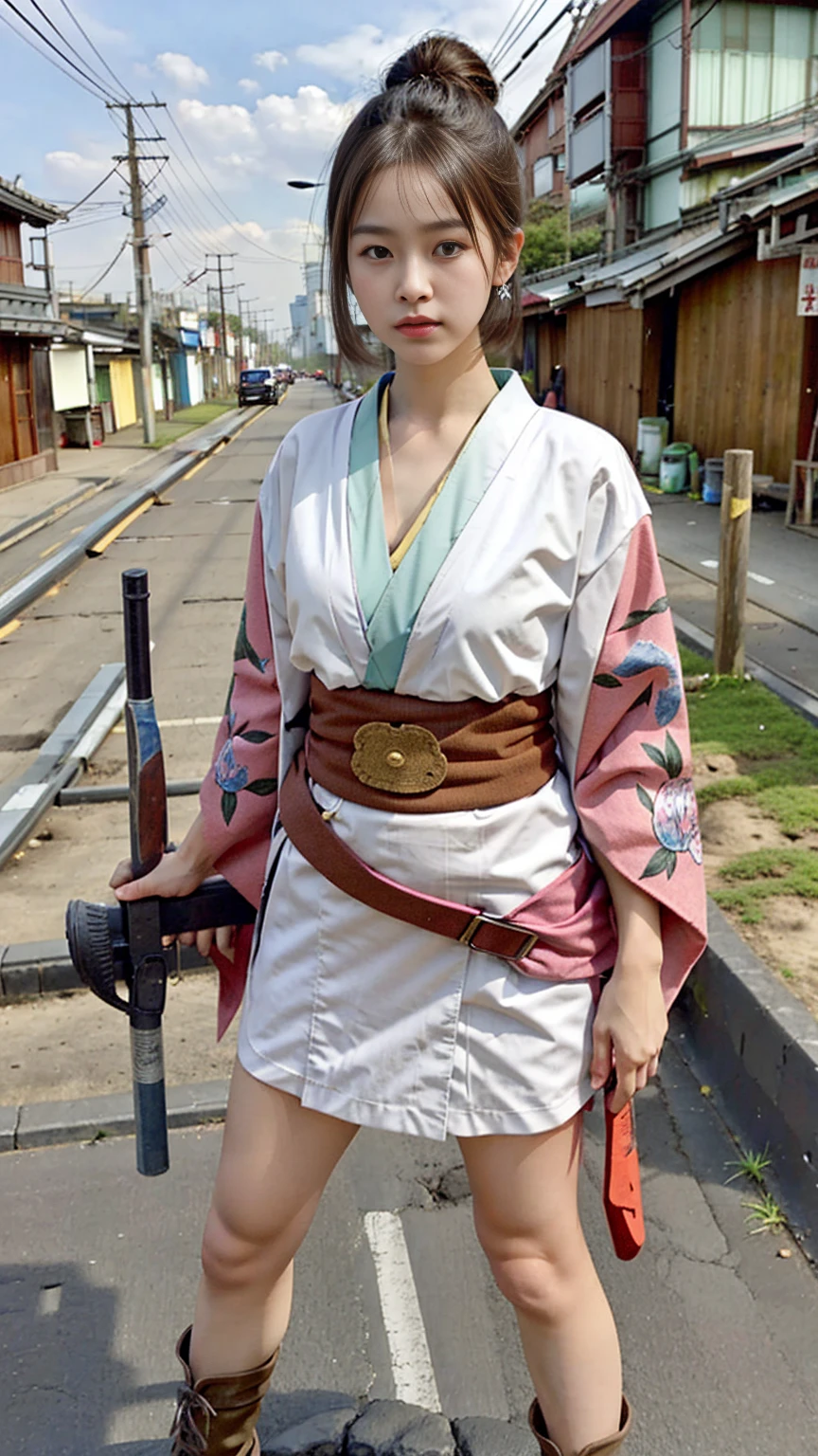 Beautiful Thai-Melanesian woman, (16 years old), pretty face, red lips,
BREAK,
Athletic feminine body, Female fitness model body, Hard toned feminine body, (muscles: 1.2), (beautiful belly button),
BREAK,
Mixed martial arts, exceptional kung fu fighter, Japanese idol,
BREAK,
(wearing cute kimono: 1.3), Red high heels, necklace, earrings, short length,
BREAK,
Short hair, (bob cut), (bangs: 1.2), (coloring),
BREAK,
(holding very large weapon, wearing very large weapon, standing with very large weapon, raising very large weapon: 1.4),(kung fu fighter in fighting position),
BREAK,
(tattoos all over body, 80% of body covered in Japanese tattoos: 1.4),
BREAK,
masterpiece, perfect lighting, ultra high resolution, 8K, (highly detailed: 1.4), From the front, looking at the camera, melancholic expression,
BREAK,
(Tokyo city, many people in the background), Tokyo's famous places in the background,