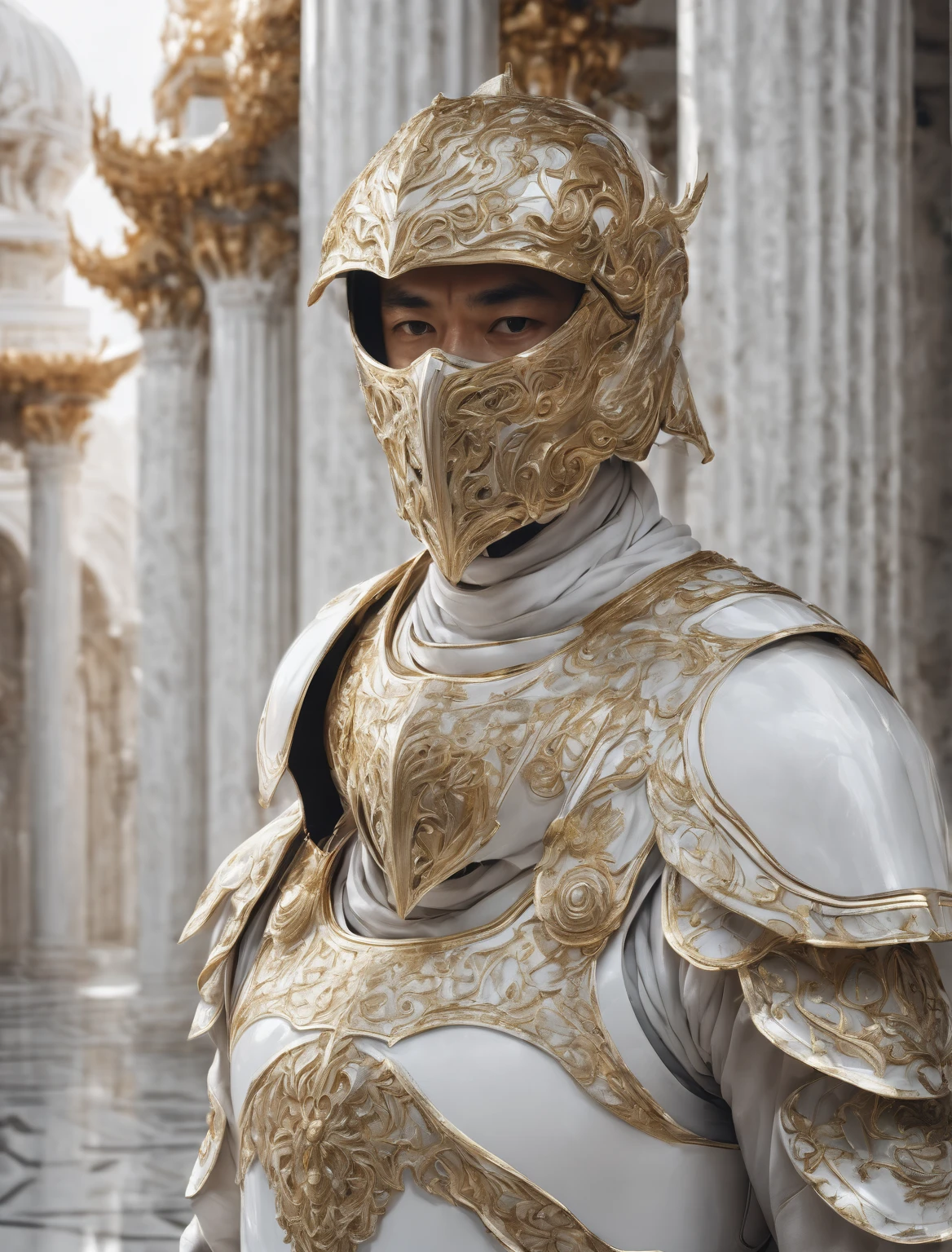 a man wearing a white volto glossy mask, marble texture, white environment, man dressed in white and gold armour, white garments, white pillars, extremely white, sui ishida style, intricate details, hyperrealistic, cinematic lighting, dramatic shadows, volumetric lighting, beautiful detailed eyes, beautiful detailed, extremely detailed, sharp focus, photorealistic, ultra-detailed, 8k, high quality