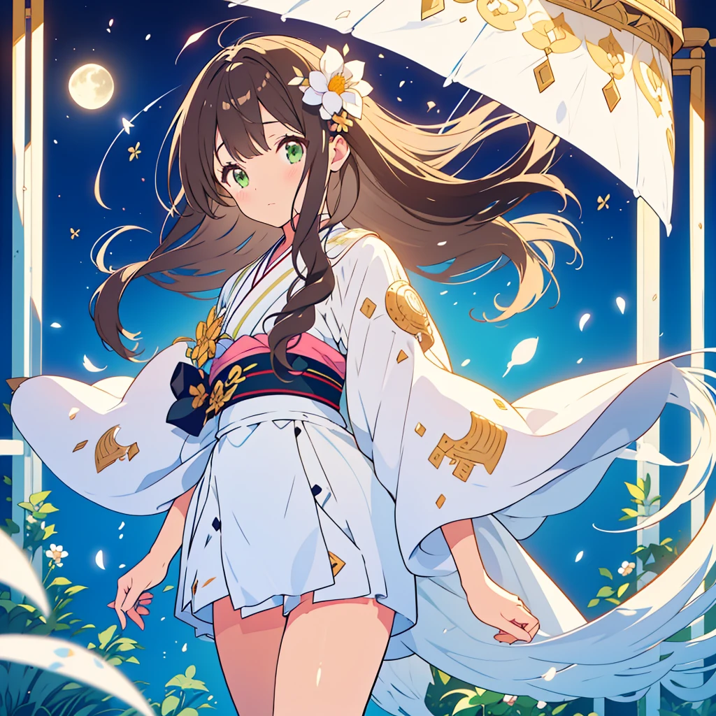 kawaii, anime, Cute, hyper quality, highly detailed, 8k, Clarity, dark brown long hair, green eyes, upward glance, Front facing, come close, A pure white full moon in the sky, moonlight, shining hair, Moist eyes, Draw facial expressions in detail, A Queen of the Night, Dutchmans pipe cactus, Hanafuda motif, flowers, birds, wind and moon, A flower with thin white petals that spread out in a radial pattern., moonlight, A flower with large white thin petals, The wind is blowing, White flower, The color of my sister's eyes is golden, intertwine, all white kimono dress,