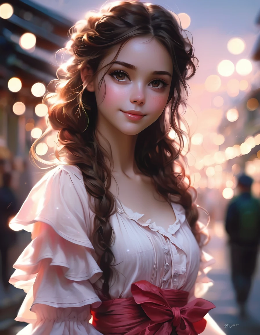 Red, green and black eyes, rutkowski repin, WLOP, Natural brown hair realistic , image, Bokeh, night, An incredibly beautiful happiness, Woman anime style , Big, perfect eyes Jean-Baptiste Monge style, Her eyes are full of light, Smiled happily,light freckles pink and white ruffle dress and braided hair with ribbon stanley artgerm lau style, WLOP style, RossDraws Style, Outdoor Ultra Detail , (((Rich shadows))), WLOP, artgem , Art Station, CG Society, 8K Ultra HD, HDR, whole body,