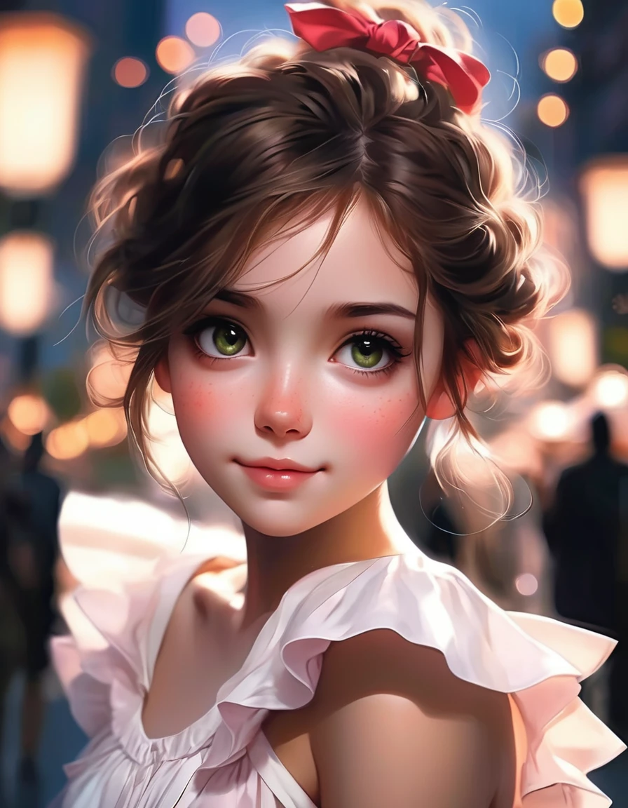 Red, green and black eyes, rutkowski repin, WLOP, Natural brown hair realistic , image, Bokeh, night, An incredibly beautiful happiness, Woman anime style , Big, perfect eyes Jean-Baptiste Monge style, Her eyes are full of light, Smiled happily,light freckles pink and white ruffle dress and braided hair with ribbon stanley artgerm lau style, WLOP style, RossDraws Style, Outdoor Ultra Detail , (((Rich shadows))), WLOP, artgem , Art Station, CG Society, 8K Ultra HD, HDR, whole body,