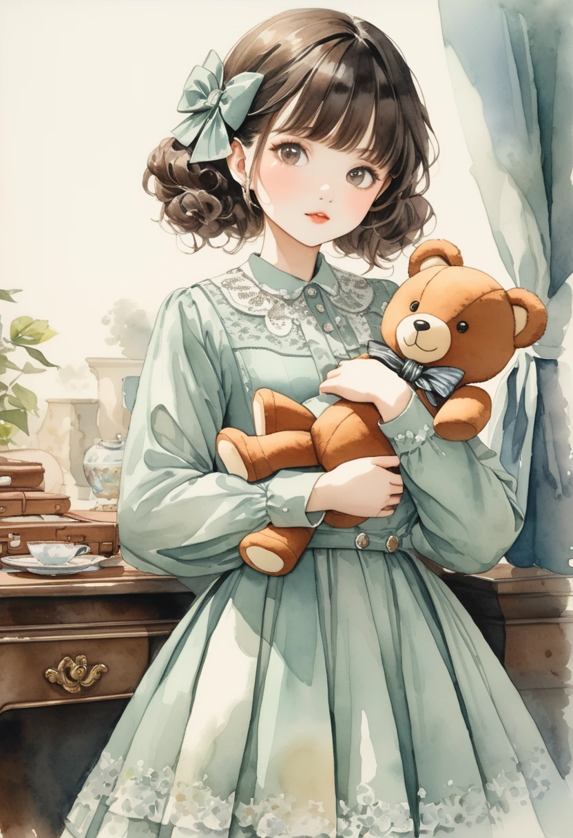 ((antique:1.5)),((hugging a teddy bear)),(Teddy bear),Beautiful and cute woman,1 Female,Solo,Sharp features,Sophisticated,((Watercolor:1.5)),whole body,超High resolution,((Attention to detail:1.5)),high quality,High resolution,最high quality,(vintage:1.4),(Cute pose:1.3),Dull color,So adorable,model like,Fluffy atmosphere,(Accurate body),((antiqueな服)),(Super Detail),Fashionable hairstyle,