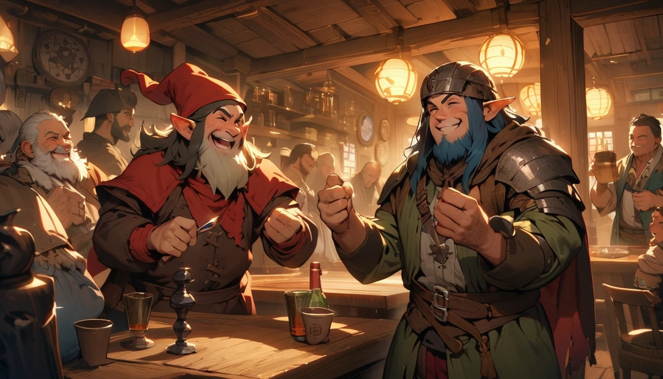 (masterpiece:1.4), (Highest quality:1.4), Very detailed, Complex, Very detailed, shape,Soft lighting, Tavern, Cheers to everyone, Hopeful Face, smile, More than one person, Mixed gender, a group of adventurers, character from RPG games, (character: human, Fairy, Fairy, Dwarf, The Hobbit), (exterior: Swordsman Style, Shaman Style, Monk Style, Magician style), (belongings: Long sword, dagger, Holy Staff, Magic wand, shield, metal armor, Leather Armor), Perfectly accurate anatomical shape、All limbs intact、Perfect full finger, Colorful characters, Drinking alcohol and getting drunk, Large mug，Huge, Majestic, Uplifting expressions, みんなのsmileが素晴らしい.