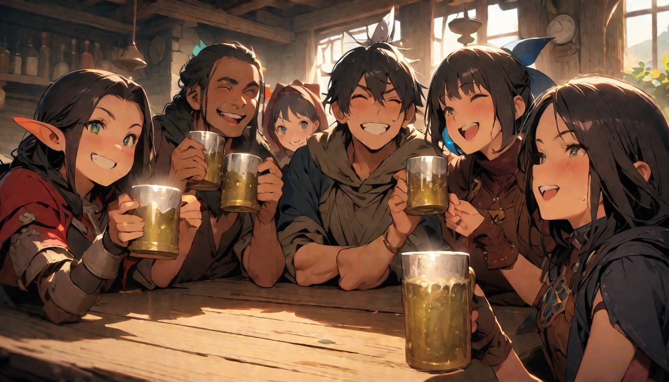 (masterpiece:1.4), (Highest quality:1.4), Very detailed, Complex, Very detailed, shape,Soft lighting, Tavern, Cheers to everyone, Hopeful Face, smile, More than one person, Mixed gender, a group of adventurers, character from RPG games, (character: human, Fairy, Fairy, Dwarf, The Hobbit), (exterior: Swordsman Style, Shaman Style, Monk Style, Magician style), (belongings: Long sword, dagger, Holy Staff, Magic wand, shield, metal armor, Leather Armor), Perfectly accurate anatomical shape、All limbs intact、Perfect full finger, Colorful characters, Drinking alcohol and getting drunk, Large mug,Huge, Majestic, Uplifting expressions, みんなのsmileが素晴らしい.