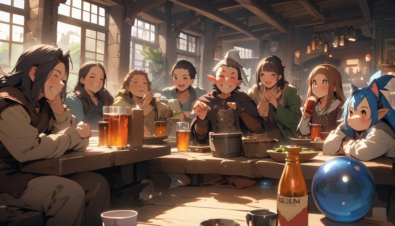 (masterpiece:1.4), (Highest quality:1.4), Very detailed, Complex, Very detailed, shape,Soft lighting, Tavern, Cheers to everyone, Hopeful Face, smile, More than one person, Mixed gender, a group of adventurers, character from RPG games, (character: human, Fairy, Fairy, Dwarf, The Hobbit), (exterior: Swordsman Style, Shaman Style, Monk Style, Magician style), (belongings: Long sword, dagger, Holy Staff, Magic wand, shield, metal armor, Leather Armor), Perfectly accurate anatomical shape、All limbs intact、Perfect full finger, Colorful characters, Drinking alcohol and getting drunk, Large mug，Huge, Majestic, Uplifting expressions, みんなのsmileが素晴らしい.