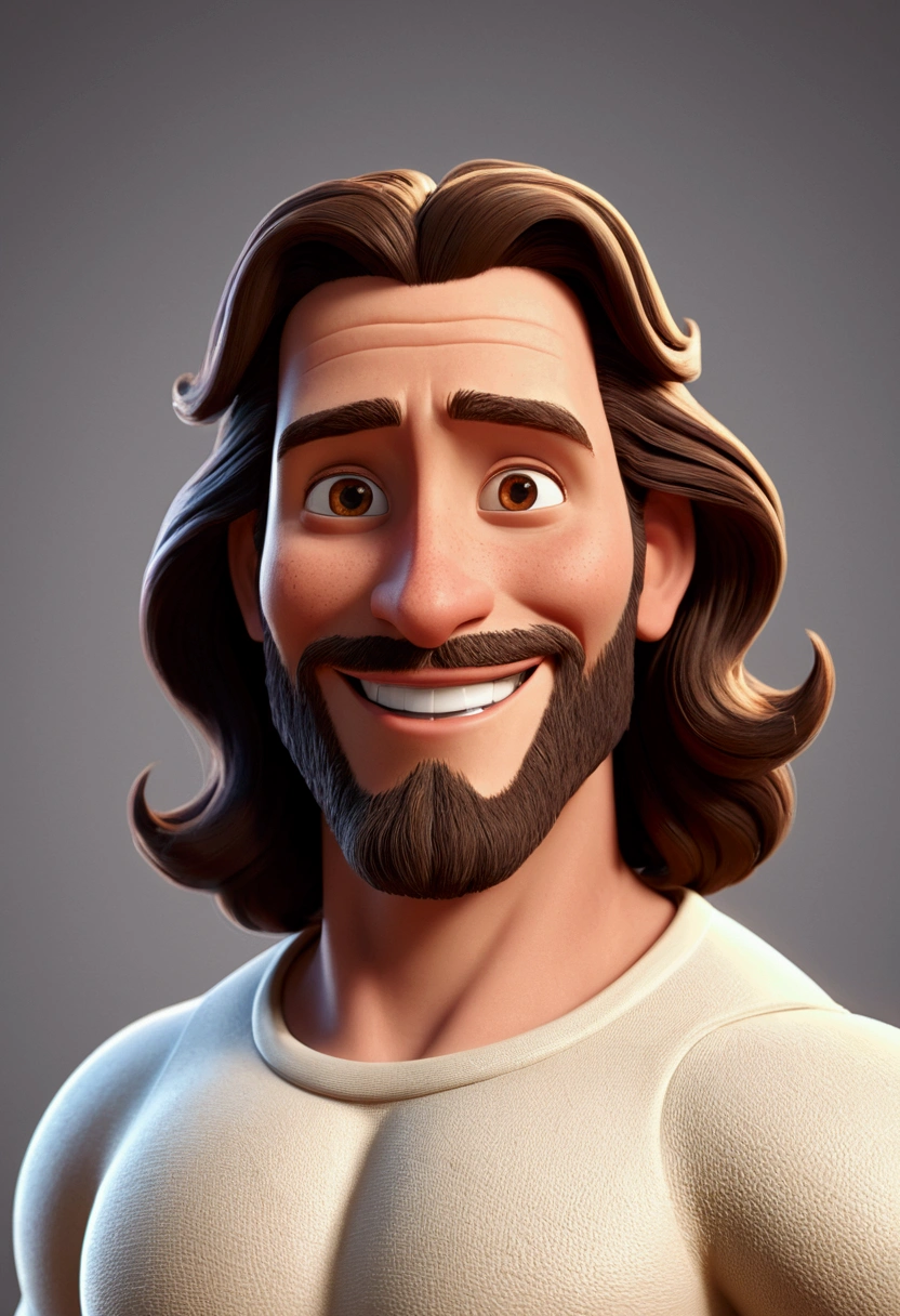 Jesus Christ character, an animated character, Grinning, stylized character, animation style rendering, 3d stylized, Arnold Maya rendering, Stylized 3D rendering, toon render screenshot, 3d character, 3d character, Stylized 3D rendering, 3D character rendering, cartoon character, Personagem de close up, character posing, (Pixar-style) (master part:1.2) (bokeh) (best qualityer) (skin detailed) (detailed texture) (8k) (Argilla) (cinematic lighting) (sharp focus,Sit down and lift your upper body. White background