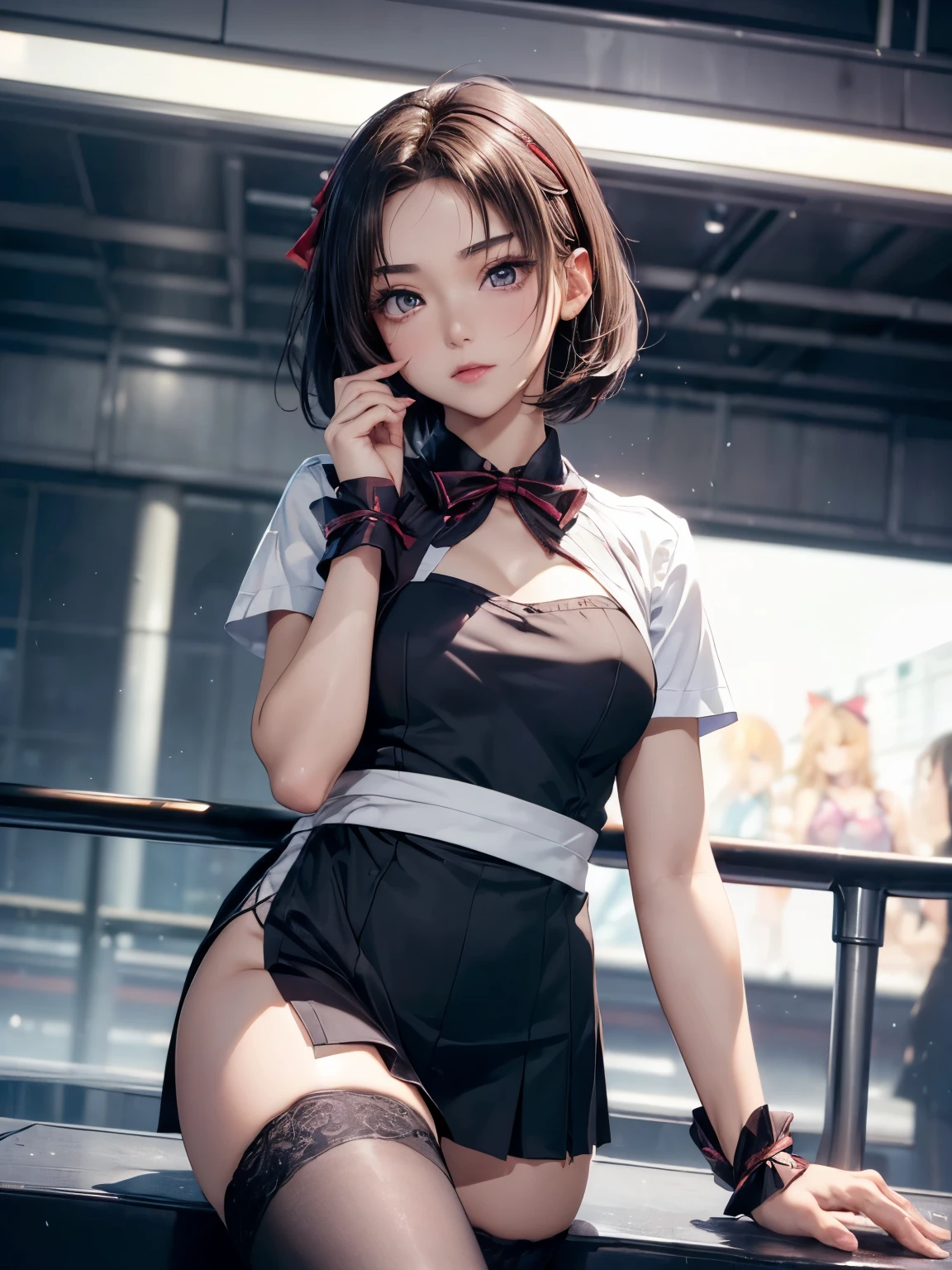 ((Best of the highest quality, 8k, Masterpiece, raw photo: 1.1)), (Sharp focus: 1.1), (1 AESPA, slim body type female, 22 y/o: 1.1), solo, Portrait Waist Up, (realistic, photo-realistic:1.37), face focus, finely small eyes, (forehead, short bob hair: 1.32), (sharp chin, droopy eyes: 1.32), (sad eyes: 1.1), (Emphasize prominent aegyo-sal with bright: 1.28), shimmering eyeshadow applied under the lower lash line, paired with thick, (small breasts, flat chest, thigh: 1.2), (short messy hair: 1.2), (fright attendant uniform, ribbon: 1.28), walking airport terminal, flower, anime