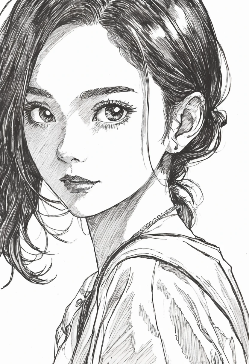 punctuation_9, punctuation_8_High above, punctuation_7_High above, punctuation_6_High above, outline, sp1t, monochrome, Hyper-detailed hatching, monochrome,best qualityer, high resolution, clean background, hight contrast, 1 girl, monochrome, hyper-detailed hatch shading, High abovepert body outline