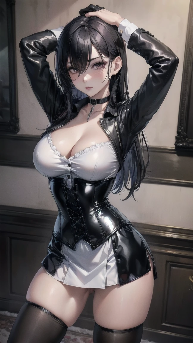 masterpiece, Superior image quality, High resolution, 4k image,photo and gross, photorealistic, whole body, ung teenl, standing, stretching up, arms extended upward, {{{vagina}}}, beautiful face, long black hair, black eyes, very detailed eyes, pink cheeks, serious expression, choker:1.6, (white collar button down long sleeve shirt), black gloves, gloves that cover hands, (black leather corset), (shiny black miniskirt), Sensual Lips, show details in the eyes, View from above, looking at the viewer, Elegant living room, at night