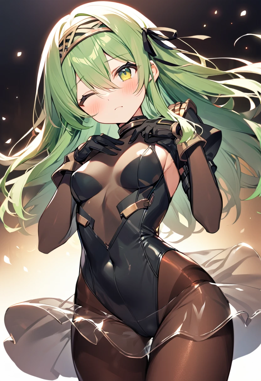 One Girl, alone, Long Hair, chest, View your audience, bangs, skirt, gloves, Long sleeve, ribbon, Hair between the eyes, Mouth closed, Green Eyes, hair ribbon, pantyhose, Cowboy Shot, hair band, , Green Hair, black gloves, see-through skirt, leotard, black leotard, brown pantyhose