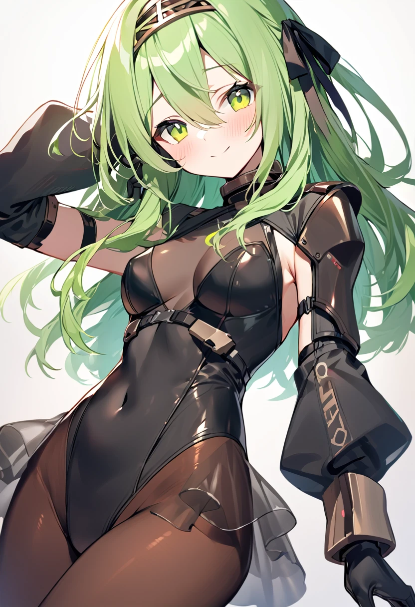 One Girl, alone, Long Hair, chest, View your audience, bangs, skirt, gloves, Long sleeve, ribbon, Hair between the eyes, Mouth closed, Green Eyes, hair ribbon, pantyhose, Cowboy Shot, hair band, , Green Hair, black gloves, see-through skirt, leotard, black leotard, brown pantyhose