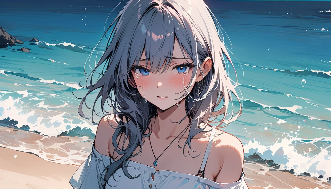 (masterpiece, Highest quality:1.2), 1 Girl, alone,Eyes open,Tropical atmosphere,Ocean,Are crying