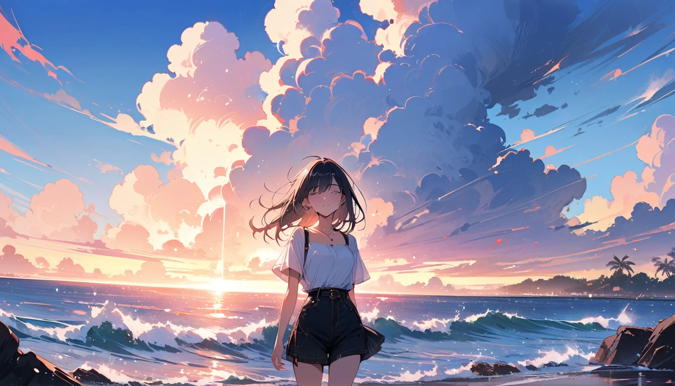 (masterpiece, Highest quality:1.2), 1 Girl, alone,Eyes open,Tropical atmosphere,Ocean,Are crying