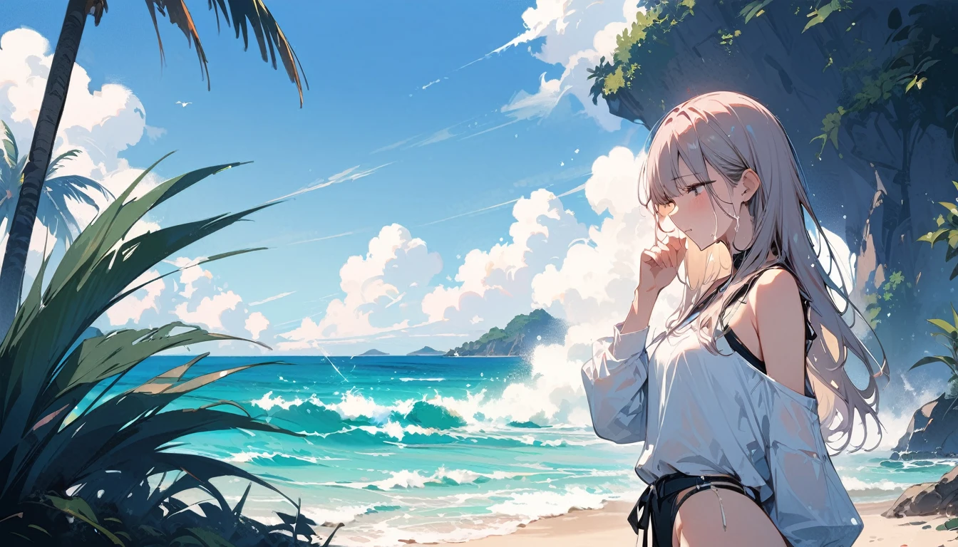 (masterpiece, Highest quality:1.2), 1 Girl, alone,Eyes open,Tropical atmosphere,Ocean,Are crying
