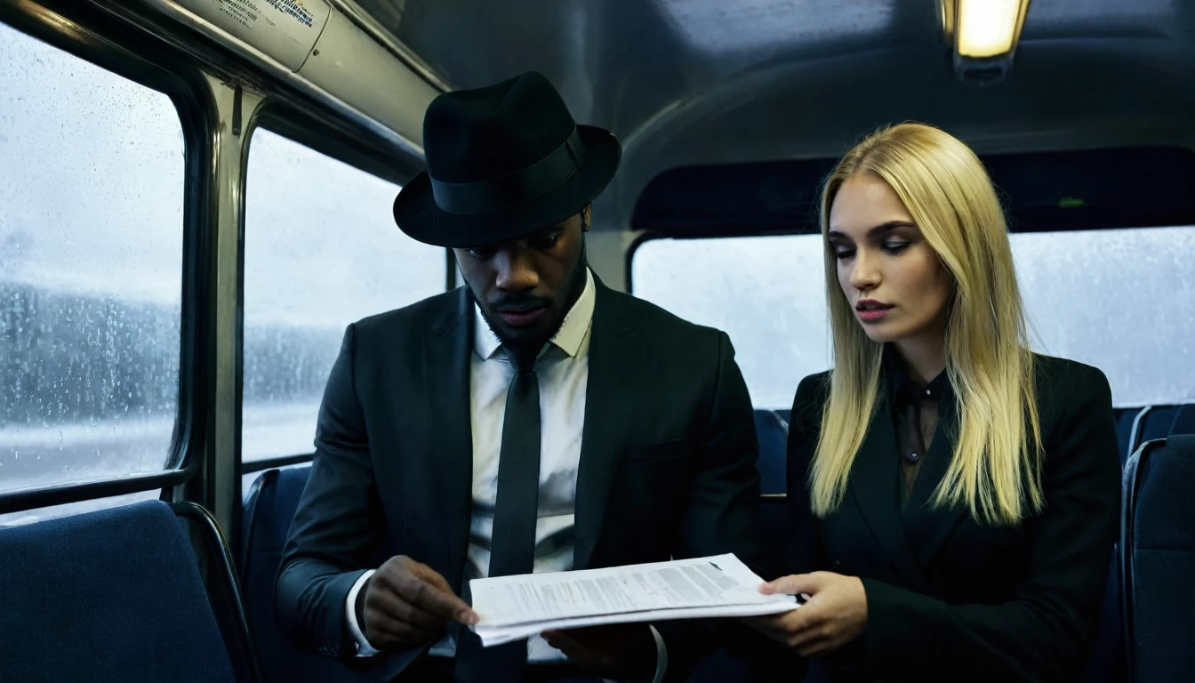 Bad black man with black hat in black suit offering a pact and document to the pretty blonde woman sitting inside the bus. Dark and scary weather at night