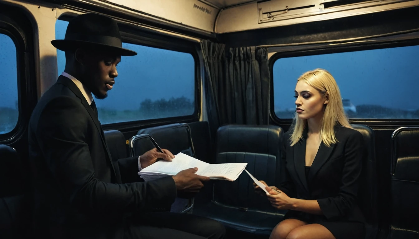 Bad black man with black hat in black suit offering a pact and document to the pretty blonde woman sitting inside the bus. Dark and scary weather at night