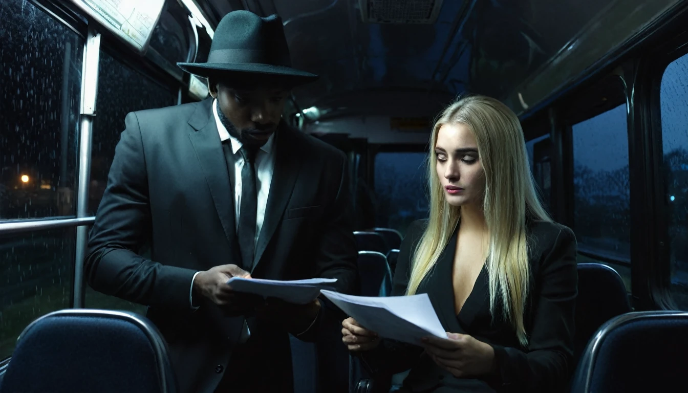 Bad black man with black hat in black suit offering a pact and document to the pretty blonde woman sitting inside the bus. Dark and scary weather at night