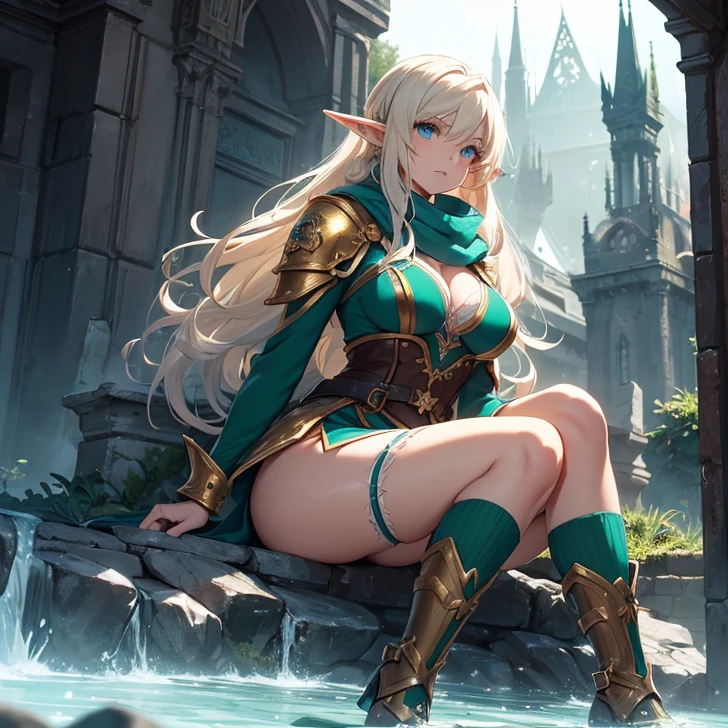 (absurdres, high fantasy artwork, best high quality image, carefuly detailed, very detailed features and textures, alone solo character, full body view, warhammer fantasy aesthetic)
{{(1character: 26 years old elf girl, (tall voluptuous body, face with blood, long straight golden hair with blood, with blood short pointy ears with blood, ligh blue eyes, big breasts, beautiful legs, beautiful arms, relaxed expression, sitting on the ground, resting), (ligh-armor with blood, green fairy short dress with blood, green scarf with blood, white long sleeves with blood, green heeled shoes, golden elvish long-bow)), (Greek garden road with pink and blue flowers)}}
