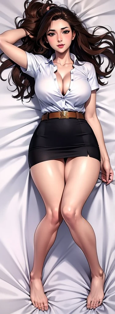 anatomically correct, masterpiece, best quality, 8k, textured skin, depth of field, full body lying pose,1girl 20 years old, light  brown curly hair, blush, makeup, moaning, mahalaiuniform, white shirt short sleeves, belt, black pencil skirt, cleavage, large breasts, slender legs, Barefoot, dakimakura (medium), lying on back, Very soft bed sheet