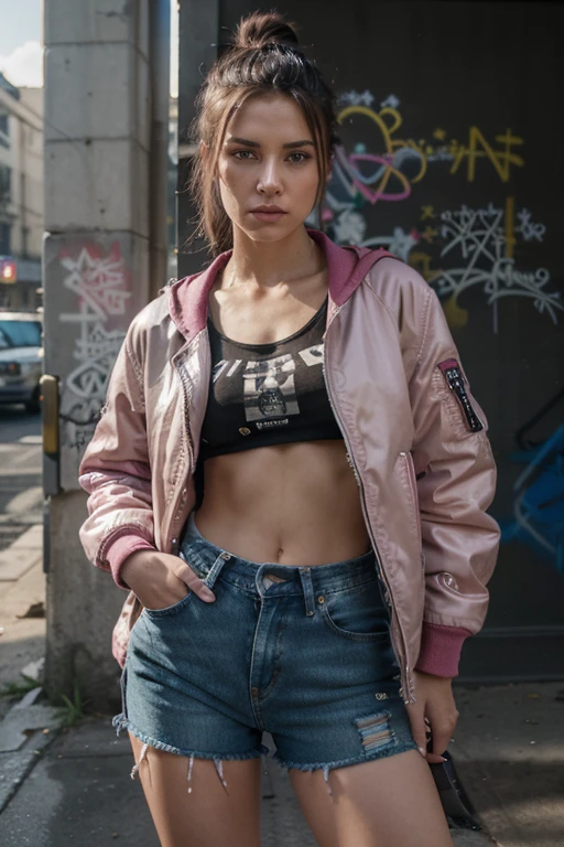 (masterpiece), (extremely complicated:1.3), (realisti), Portrait of a girl, the most beautiful thing in the world, (chic punk jeans clothing with rips, Bomberjacke), Hair tied with pink ribbons, upper body, outside, intense sunlight, Graffitiywand, Professional photo of a stunning woman detailed, keen focus, dramatic, Award-winning, cinematic lighting, Oktan-Render Unreal Engine, Volume measurement DTX, (film grain, blurred background)