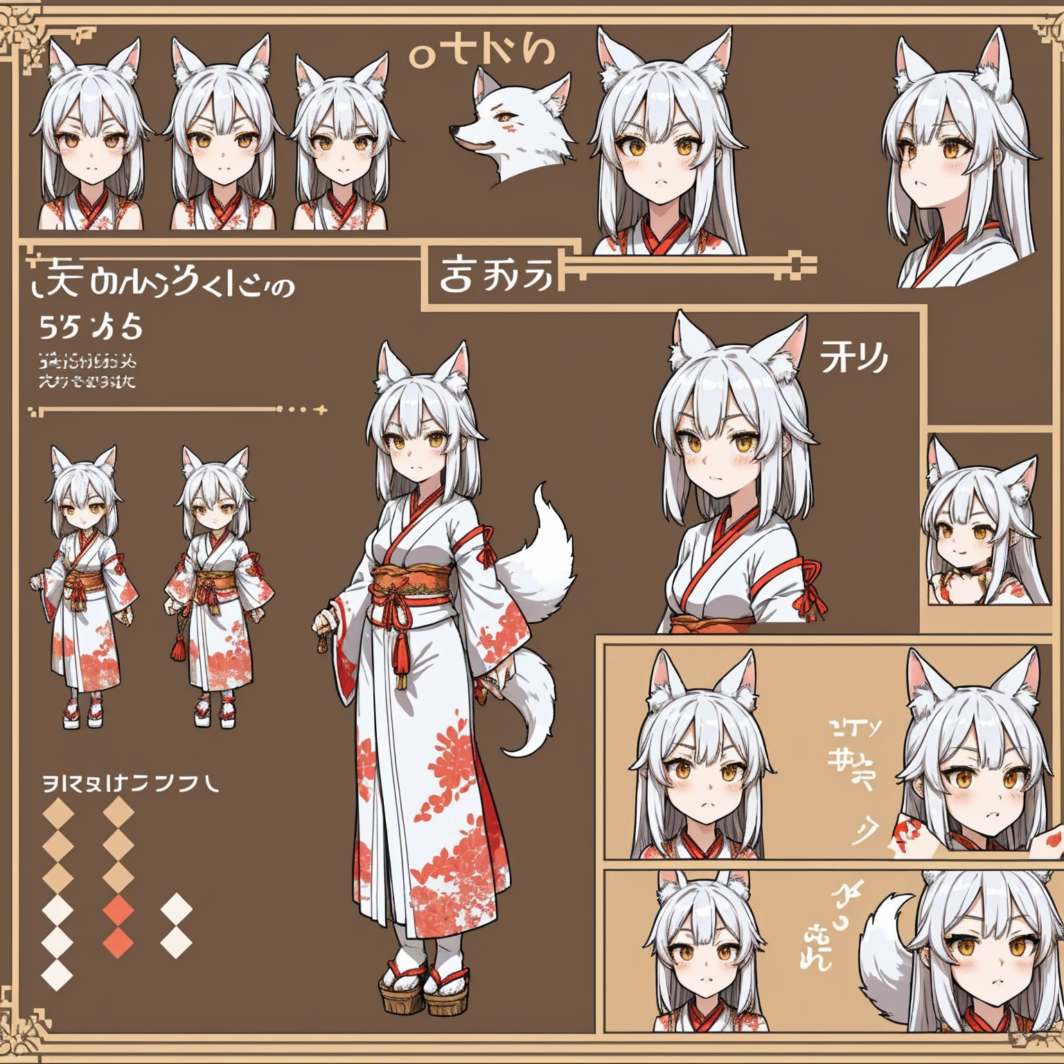 Character Sheet, A graceful wild fox girl with mostly silver hair, Japanese Shrine Maiden Costume, Variations of facial expressions, Highest quality, pixel
