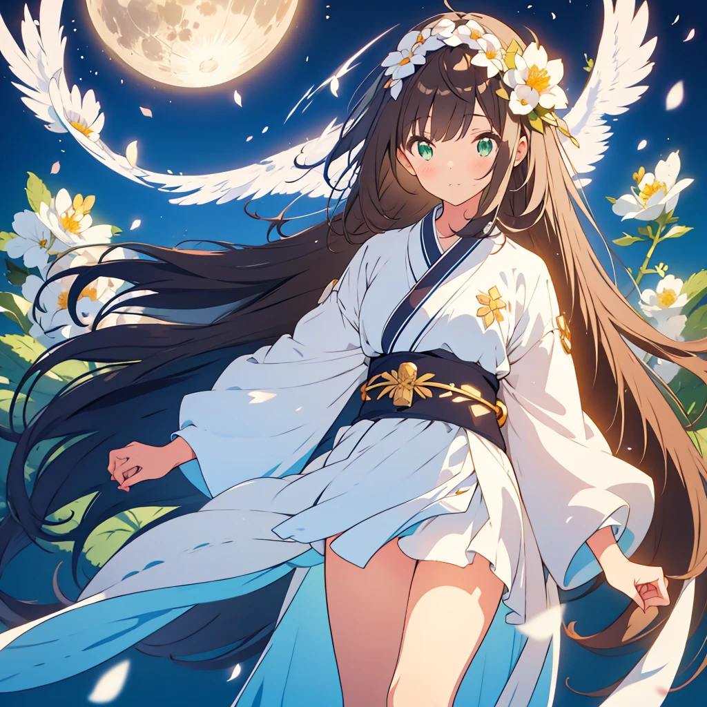 kawaii, anime, Cute, hyper quality, highly detailed, 8k, Clarity, dark brown long hair, green eyes, upward glance, Front facing, come close, A pure white full moon in the sky, moonlight, shining hair, Moist eyes, Draw facial expressions in detail, A Queen of the Night, Dutchmans pipe cactus, Hanafuda motif, flowers, birds, wind and moon, A flower with thin white petals that spread out in a radial pattern., moonlight, A flower with large white thin petals, The wind is blowing, White flower, The color of my sister's eyes is golden, intertwine, all white kimono dress, 	