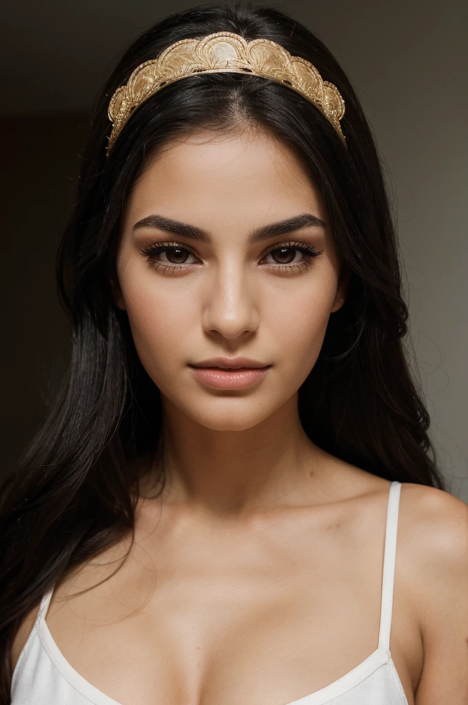 a beautiful young woman in her twenties, with Latino and Italian features. She has long, straight black hair that falls freely over her shoulders. Her face has soft and balanced contours. She has large, well-defined, dark brown eyes with long, thick eyelashes, and well-arched, full black eyebrows. His nose is straight and slightly refined, proportionate to his face. Her lips are full and defined, with a natural color, and they are closed, contributing to her neutral expression. Her skin is matte, smooth and without visible imperfections. It was taken with a studio camera. The background is completely white