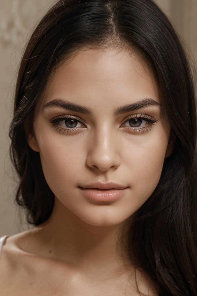 a beautiful young woman in her twenties, with Latino and Italian features. She has long, straight black hair that falls freely over her shoulders. Her face has soft and balanced contours. She has large, well-defined, dark brown eyes with long, thick eyelashes, and well-arched, full black eyebrows. His nose is straight and slightly refined, proportionate to his face. Her lips are full and defined, with a natural color, and they are closed, contributing to her neutral expression. Her skin is matte, smooth and without visible imperfections. It was taken with a studio camera. The background is completely white
