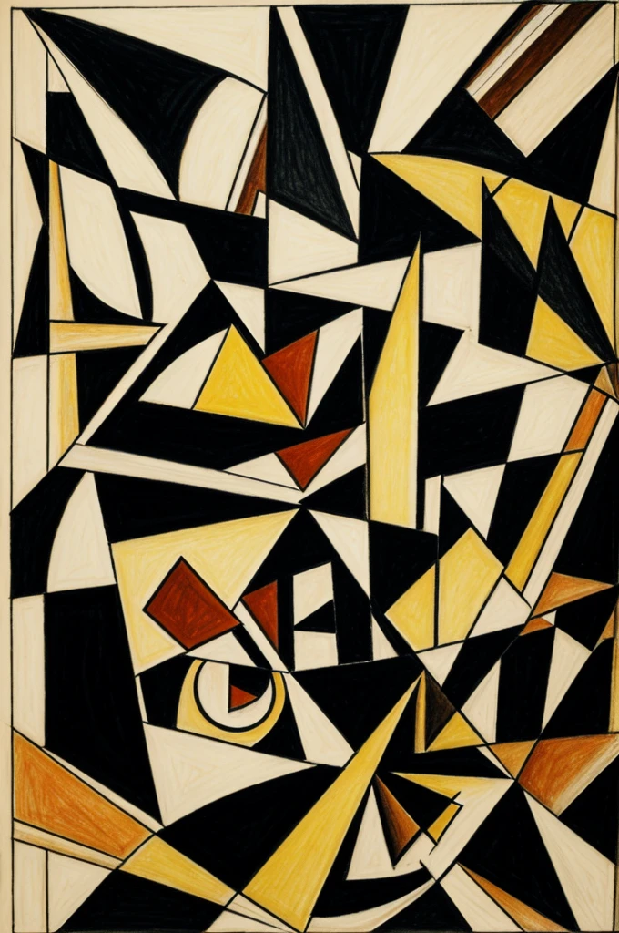 A cubism drawing that involves light and darkness and happiness and sadness