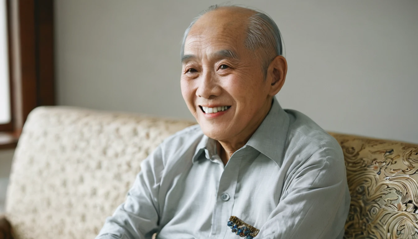 An old Asian man,in living room,Sitting on the sofa,Facing the camera,Smile,Chinese style decoration