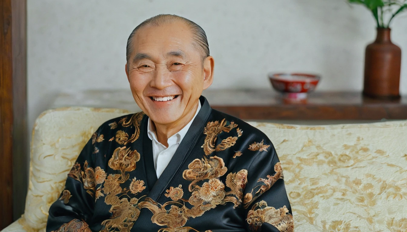 An old Asian man,in living room,Sitting on the sofa,Facing the camera,Smile,Chinese style decoration
