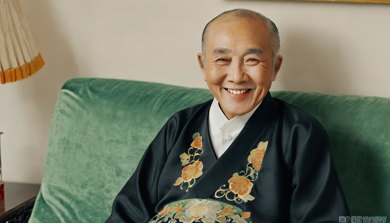 An old Asian man,in living room,Sitting on the sofa,Facing the camera,Smile,Chinese style decoration