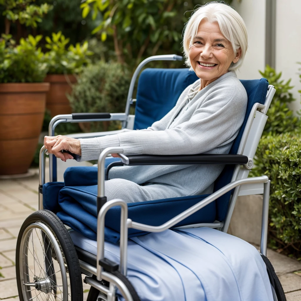 elderly woman with white hair in wheelchair, smiling for the photo.