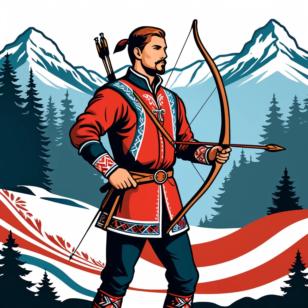 hungarian archer in nordic folk outfit, vector graphics, strong contours