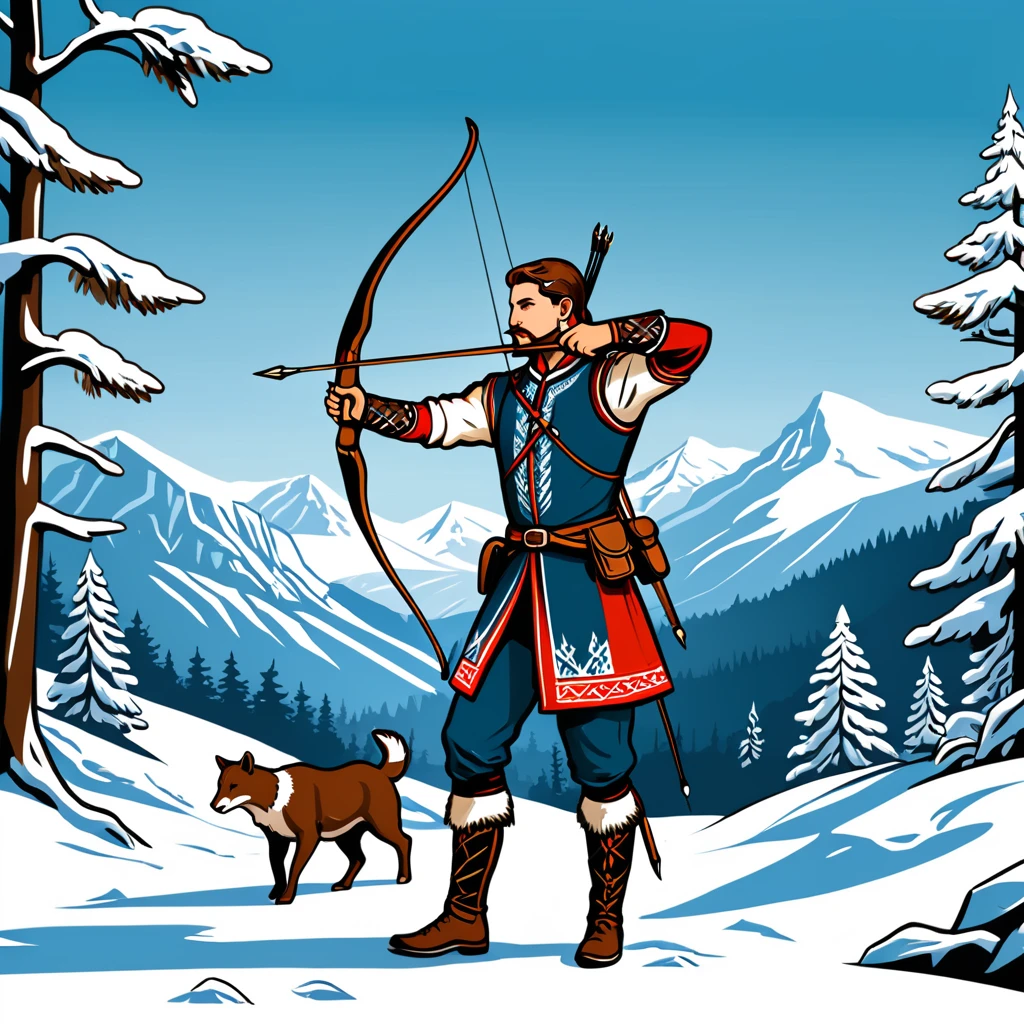 hungarian archer in nordic folk outfit, vector graphics, strong contours