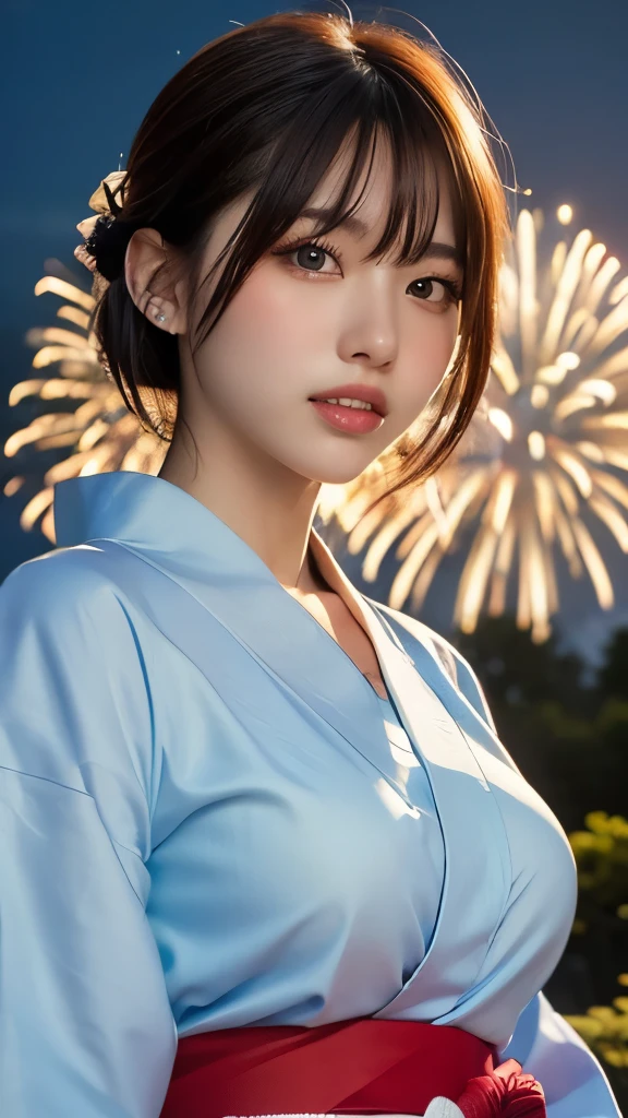 8k,Highest quality,(masterpiece:1.2),(Realistic),(Realistic:1.37),Ultra-high resolution,One Young Woman,((smile)),night,Big Breasts,Beautiful Eyes,festival grounds,(((Fireworks bursting into the sky))),(((night))),(((yukata))),Perfect body,Perfect Fingers,Professional Lighting,gravure,Detailed face and skin texture,fine grain,RAW Photos