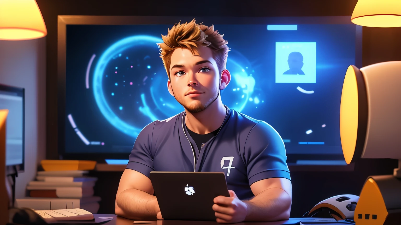 ARAFED handsome guy in a baseball jersey , news broadcaster ,sitting in front of a laptop, body facing the viewer , twitch streamer / gamer ludwig , portrait of Chris Pratt , mid shot portrait, streaming on twitch, at night, portrait shot 8 k.