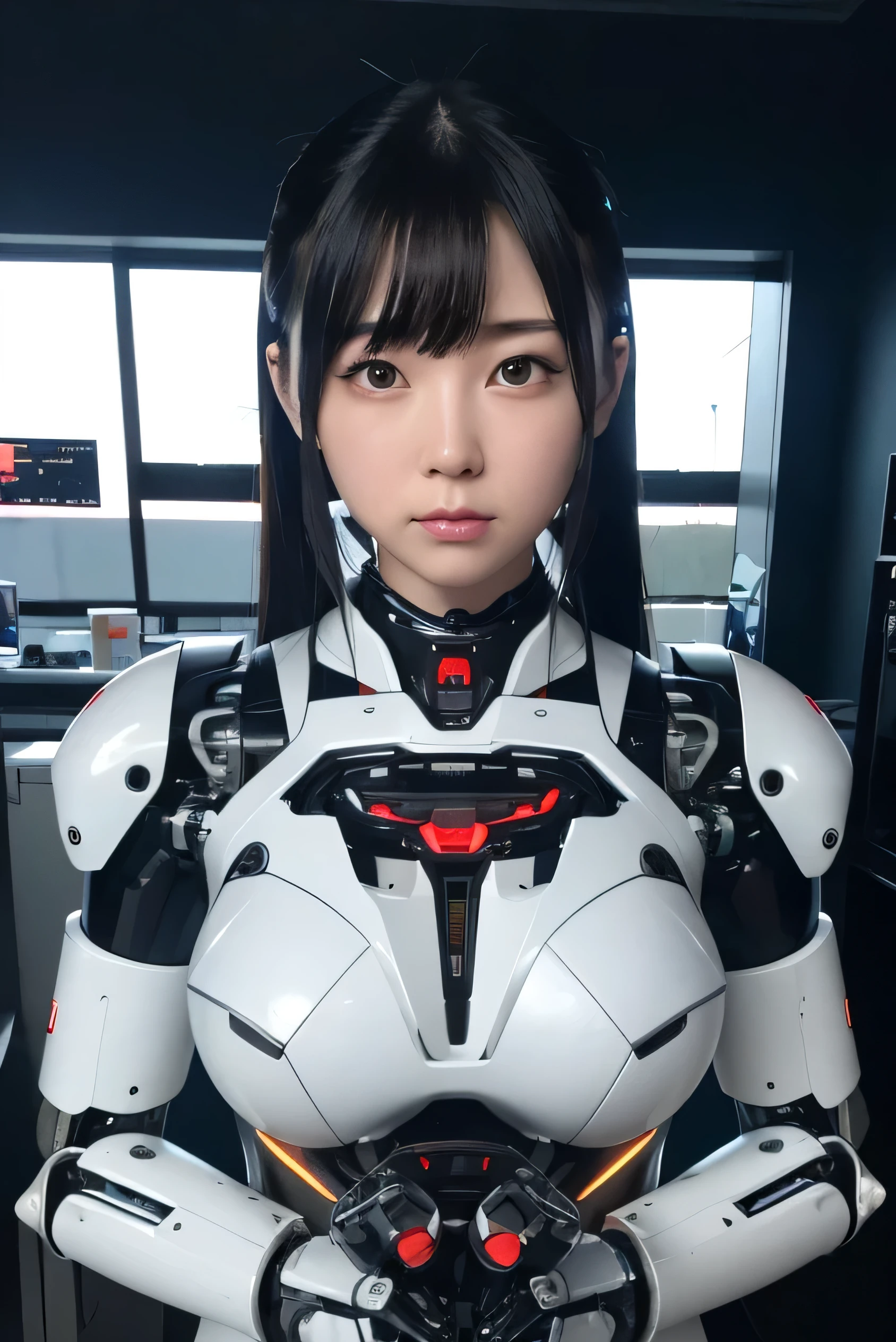 masterpiece, best quality, extremely detailed, Japaese Cyborg girl,Plump , control panels,android,Droid,Mechanical Hand, Robot arms and legs, Black Robot Parts,Black hair,Mechanical body,Blunt bangs,White robotics parts,perfect robot girl,long tube,thick cable connected her neck,ceramic body ,mechanical body, mechanical ear cover, mechanical costume,android,robot,humanoid,cyborg,japanese android woman ,mechanical chest,full eyes,future laboratory,connecting a cable between the legs,