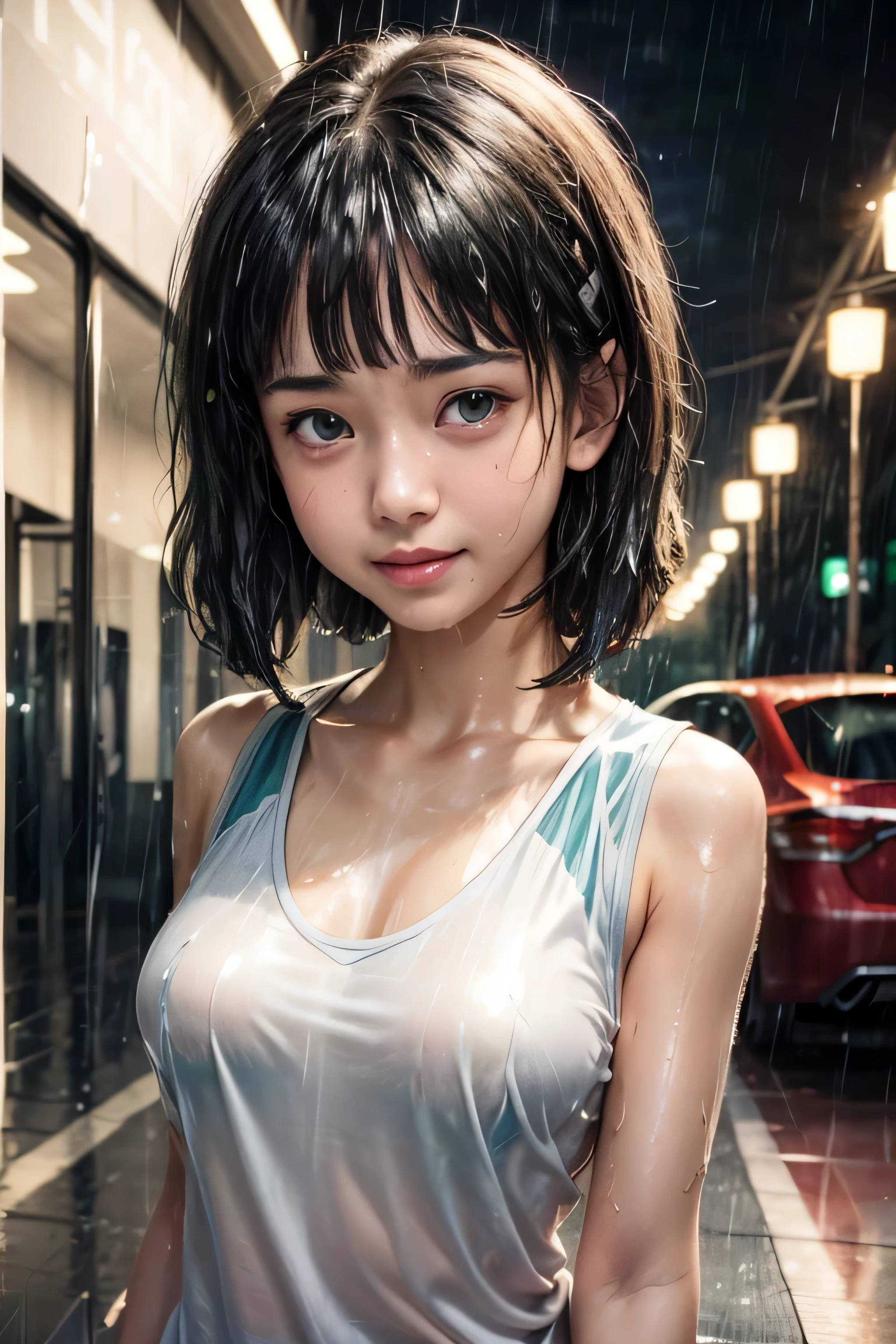 masterpiece, best quality, (realistic,photo-realistic:1.4), (RAW photo:1.2), extremely detailed CG unity 8k wallpaper, delicate and beautiful, amazing,finely detail, official art, absurdres, incredibly absurdres, huge filesize, ultra-detailed,extremely detailed eyes and face,light on face,suguha kirigaya,(little smile),(black hair:1.4),(short hair:1.4),(wearing tanktop:1.4),(gym background:1.4),(hair bangs:1.4),(green eyes:1.4)(heavy raining:1.5),(wet body:1.4)