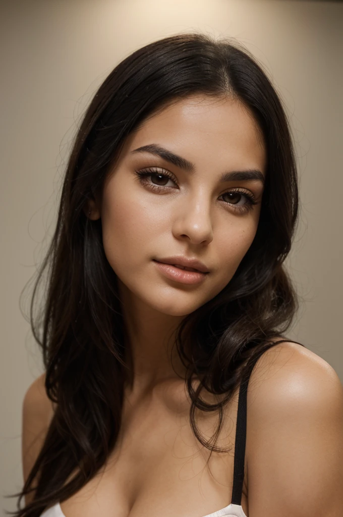 a beautiful young woman in her twenties, with Latino and Italian features. She has long, straight black hair that falls freely over her shoulders. Her face has soft and balanced contours. She has large, well-defined, dark brown eyes with long, thick eyelashes, and well-arched, full black eyebrows. His nose is straight and slightly refined, proportionate to his face. Her lips are full and defined, with a natural color, and they are closed, contributing to her neutral expression. Her skin is matte, smooth and without visible imperfections. It was taken with a studio camera. The background is completely white