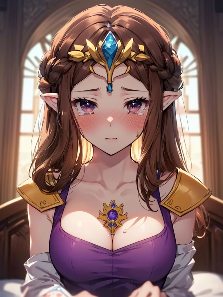 ((Very detailed and 美)),((Face close-up)),((((Exposed breasts)))),()),((Exposed shoulders)),(((()))),(Expressionless)),,((alone))Anime art style,masterpiece,(Highest quality), (Very detailedな),(とても繊細でbeautiful),(alone),(Detailed face ),(((Open both eyes))),(((((Mature Woman,Queen))))),((とてもbeautiful肖像画)),((crinoline)),,((Straight Long Hair),((tears)),((Open your mouth)),(((blush))),((Purple Blouse)),((Dark brown hair)),,Princess Zelda, ((Highest quality)), (Very detailed), ,(((constrained))),beauty,beautiful,Princess Zelda, Ticker,)),
((At the bed))Nintendo, The Legend of Zelda