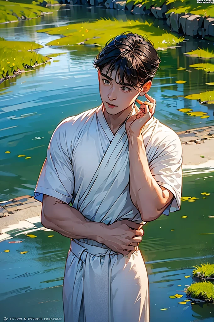 (in 8K、top-quality、masterpiece:1.2)、1 boy、short-haired、Hair short、Brown-skinned、Green View、