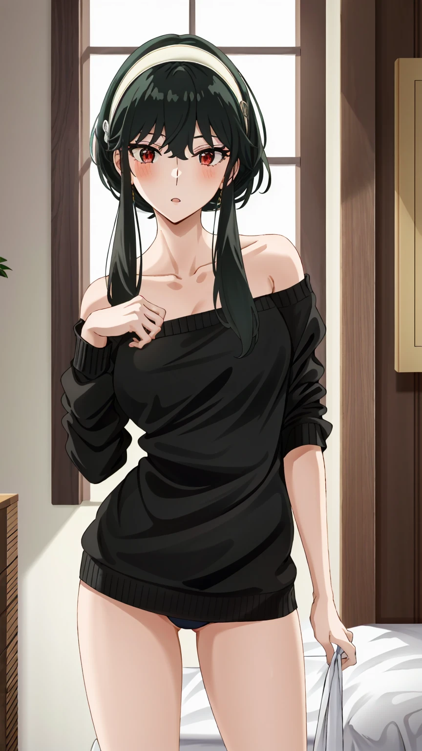 Bondage、Queen、spouse、(((One Girl)))、alone(((Sexy pose)))、Wide-open legs、(((erotic)))、(((Cowboy Shot)))、((Highest quality)), ((Very detailed)), masterpiece, Very detailed顔, Beautiful Face, (fine grain, Deep Eyes), (One Girl), whole body, night, Black Hair, short hair, short hair with long locks, bangs, Side Lock, White hair band, Red eyes, Off-the-shoulder sweater, Red sweater, clavicle