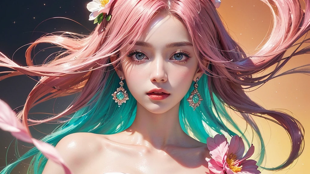 One girl, alone, flower畑, flower, (Official Art, unity 8k wallpaper, Super detailed, beautifully、aesthetic, masterpiece ,Highest quality:1.3), (Dynamic Angle:1.2), (Floating colorful sparkles:1) , elegant, Vibrant colors, Highly detailed face, Detailed eyes, Glowing Skin, Glossy Lips , Pale pink and pale orange background, Pink Hair,