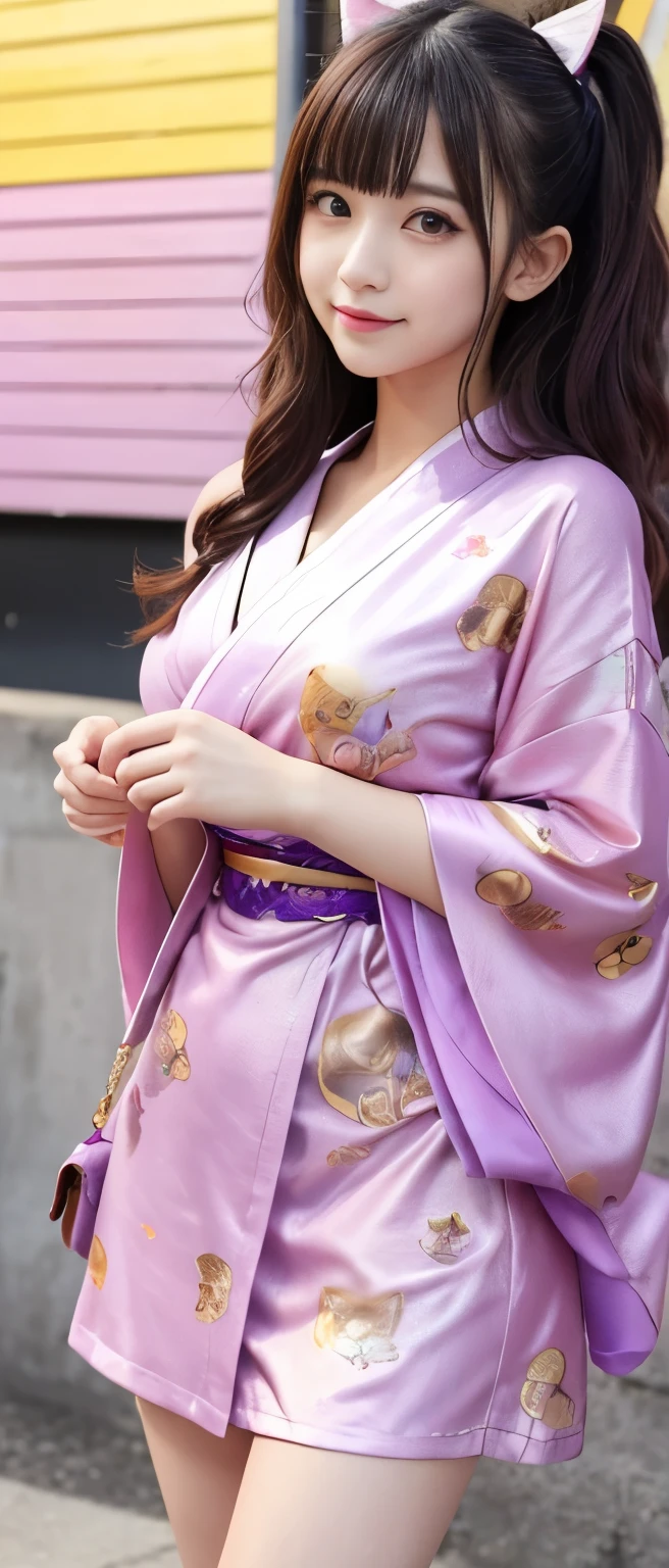 Cute and cool punk idol girl、whole body、Good style、、、、、、、、、、Thick legs、、Pink purple and gold summer kimono dress（Cat Print）、Neat and clean idol face、summer night（Glowing）、