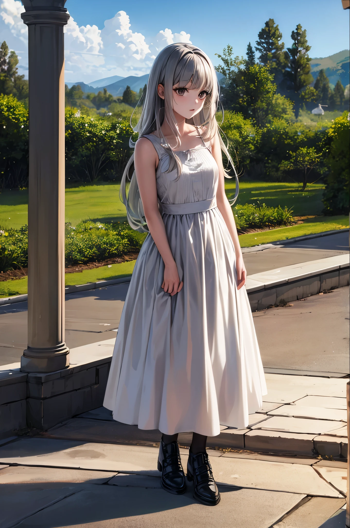 ((masterpiece, Highest quality)),girl, alone, dress, Are standing, Outdoor, bangs,dress, Gray Hair, Long Hair, Black footwear, View your viewers, , hxh2011