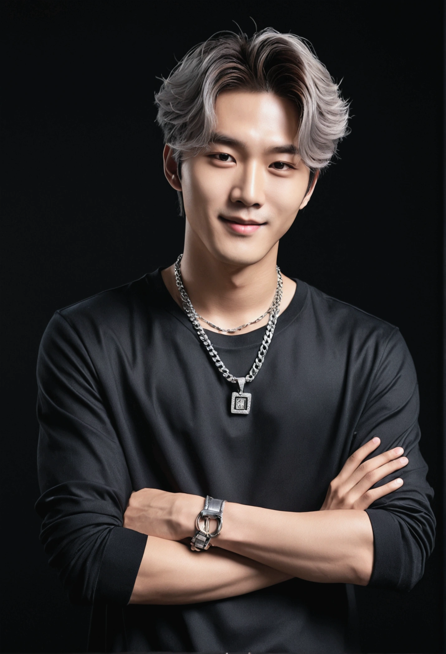 Masterpiece of photography, a Korean idol K-pop, look handsomeman and cool, straight hair, wear fashion platinum necklace, little smile, wear casual clothes, on black gradient background, high detail, photorealism 