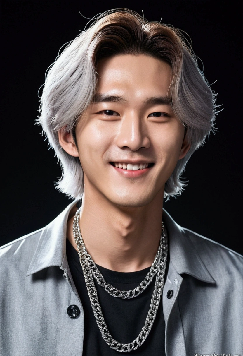 Masterpiece of photography, a Korean idol K-pop, look handsomeman and cool, straight hair, wear fashion platinum necklace, little smile, wear casual clothes, on black gradient background, high detail, photorealism
